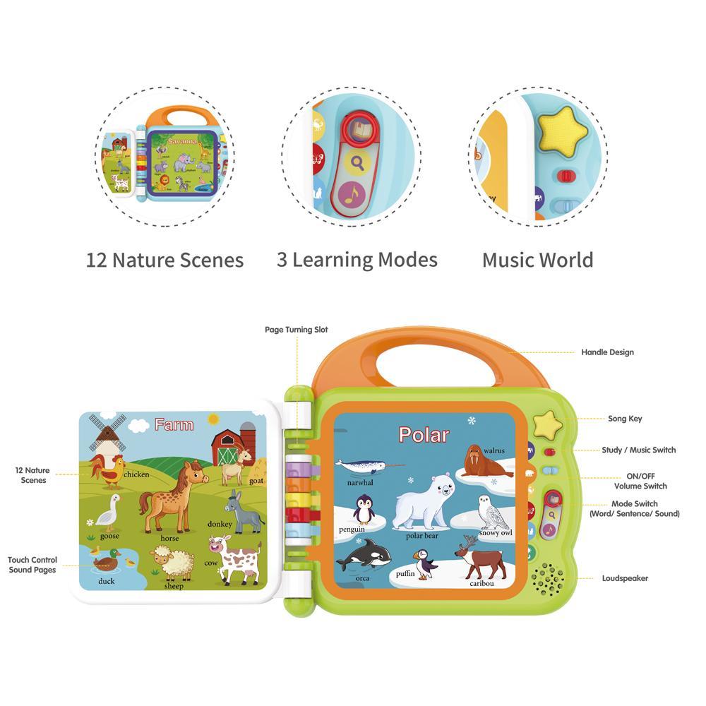 Touch And Teach Words Book of Animal World - 12 Nature Scenes - 3 Learning Modes & Music World